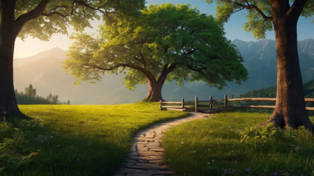 Beautiful summer landscape with a path in the mountains and a big tree