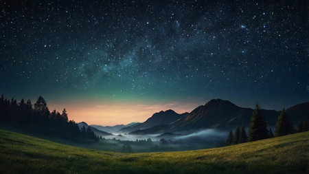 Mountain landscape at night with stars and milky way, panoramaの写真素材