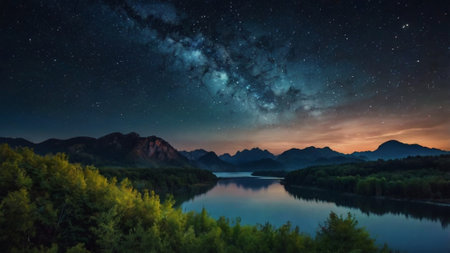 Milky way over the mountain lake at night. Landscape.の写真素材