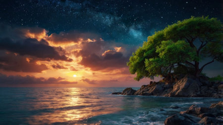 Sunset over sea with starry sky. 3D rendering.の写真素材