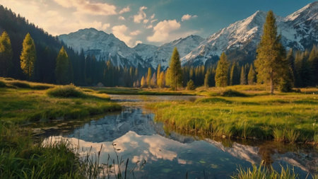 panoramic view of alpine lake with reflection of mountains in waterの写真素材