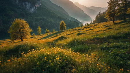 Sunset in the mountains. Panoramic view of the valley with yellow flowers.の写真素材
