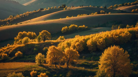 Autumn landscape with golden trees on the hills. Tuscany, Italyの写真素材