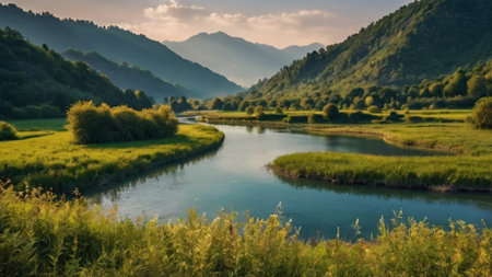 Beautiful summer landscape with river and mountains in the background.の写真素材