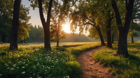 Sunset in the park. Beautiful summer landscape with meadow and trees.の写真素材