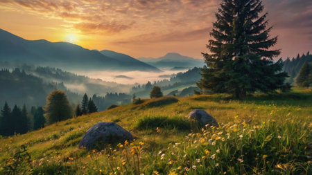 Foggy morning in the Carpathian mountains. Ukraine, Europeの写真素材