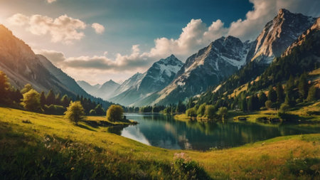 Panoramic view of the lake in the Alps, Switzerlandの写真素材