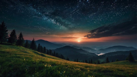 Starry sky over the mountains at sunset. Carpathians, Ukraineの写真素材