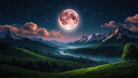 Mountain landscape at night with full moon and stars in the skyの写真素材