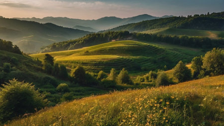Landscape with hills and meadows in the Carpathian mountains
