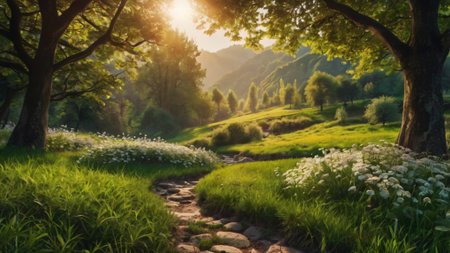 Beautiful summer landscape with blooming meadow and sunbeamsの写真素材