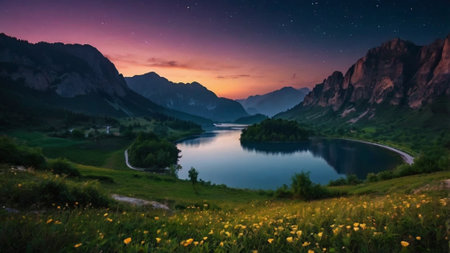 Beautiful landscape with lake in the mountains at night. Panorama.の写真素材