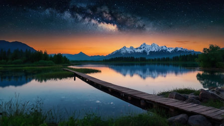 Beautiful summer landscape with mountain lake and reflection in water at nightの写真素材
