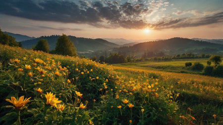 Sunset in the mountains with sunflowers on the meadowの写真素材
