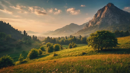 Beautiful summer landscape in the mountains. Panoramic view.の写真素材