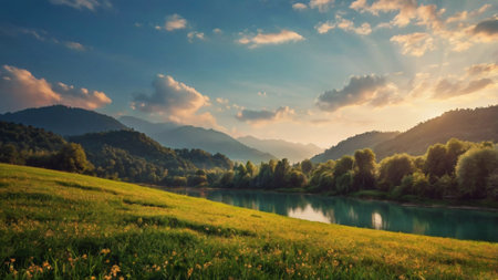 Beautiful summer landscape with a lake in the mountains at sunset.の写真素材