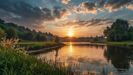 Sunset over the river in summer. Landscape with river.の写真素材