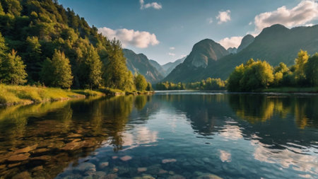 Beautiful mountain lake in the valley. Landscape with mountains and river.の写真素材
