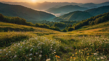 Beautiful summer landscape in the mountains at sunset. Carpathians, Ukraineの写真素材
