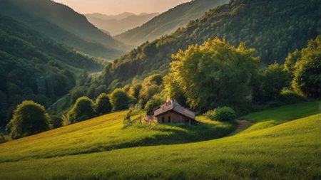 Cottage in the mountains at sunset. Summer landscape in the mountains.の写真素材