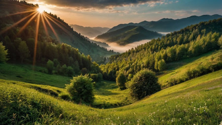 Beautiful mountain landscape in the morning. Carpathian, Ukraine, Europe.の写真素材
