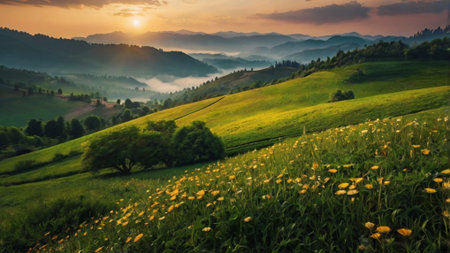 Meadow with wildflowers in the mountains at sunrise.の写真素材