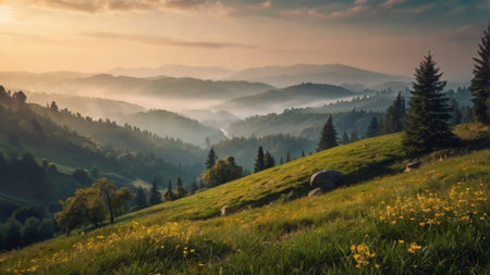 Foggy morning in the Carpathian mountains. Ukraine, Europeの写真素材