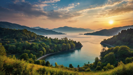 Panoramic view of lake Como at sunrise, Lombardy, Italyの写真素材