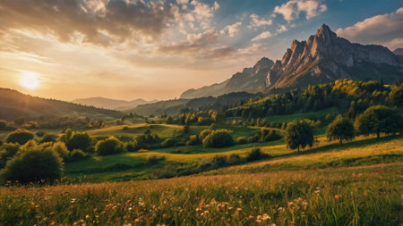 Panoramic view of the Dolomites at sunset, Italyの写真素材