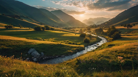 Beautiful mountain landscape with a river in the rays of the setting sunの写真素材