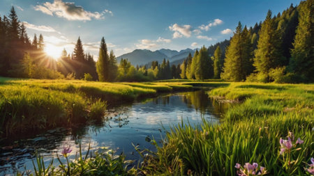 Beautiful summer landscape in the mountains. The river flows through the meadow.の写真素材