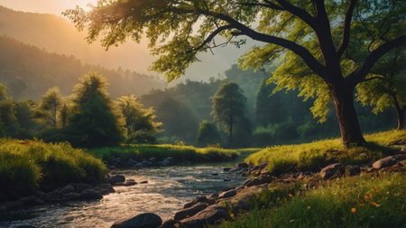 Beautiful summer landscape with river and trees in the morning light.の写真素材