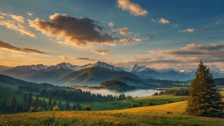 panoramic view of alpine meadow at sunset. beautiful nature scenery