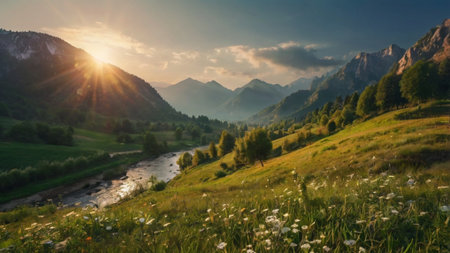 Beautiful summer landscape with a mountain river and meadow at sunsetの写真素材