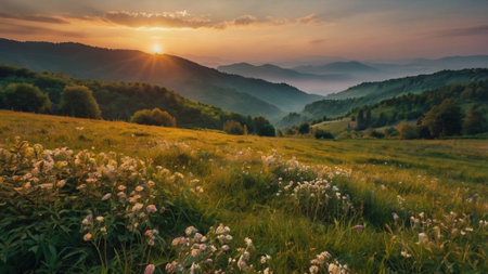 Beautiful sunset in the Carpathian mountains landscape. Ukraine, Europe.の写真素材