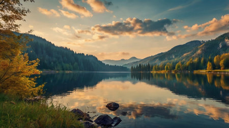 Mountain lake at sunset in autumn. Beautiful landscape with mountain lake.の写真素材