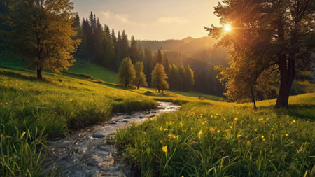 Beautiful spring landscape with forest and river in the mountains at sunsetの写真素材