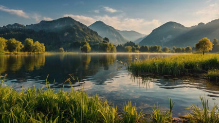 Beautiful landscape with lake and mountains in Bavaria, Germany.の写真素材