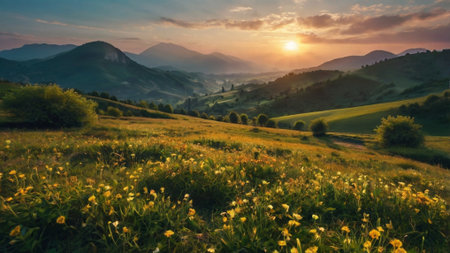 Majestic sunset in the mountains landscape.の写真素材