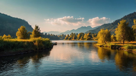 Landscape of the river and the mountains. Beautiful autumn landscape.の写真素材