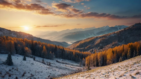 Beautiful winter landscape in the mountains at sunset. Carpathian, Ukraineの写真素材