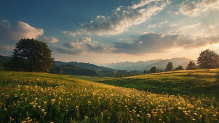 Meadow in the mountains at sunset. Beautiful summer landscape.の写真素材