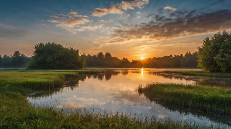 Sunset over the river in summer, panoramic view.の写真素材