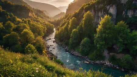 Beautiful summer landscape with the river in the mountains. River in the mountains.の写真素材