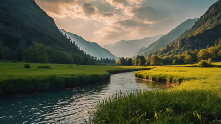 Panoramic view of the river and mountains at sunset. Beautiful summer landscape.の写真素材