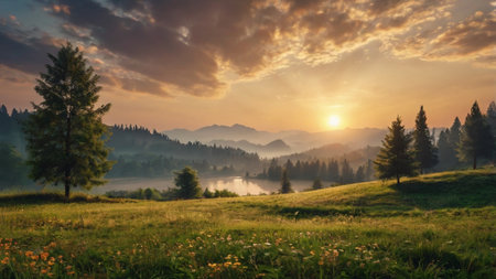 Majestic sunset in the mountains landscape. Dramatic sky. Carpathian, Ukraine, Europe. Beauty world.の写真素材