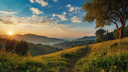 Beautiful summer landscape in Tuscany, Italy. Sunrise over the hillsの写真素材