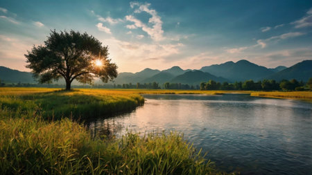 Beautiful landscape of lake and mountain at sunset.の写真素材