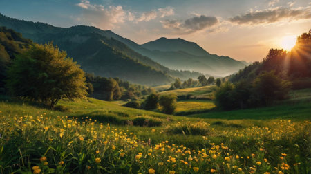 Sunset in the Carpathian mountains. Beautiful summer landscape.の写真素材