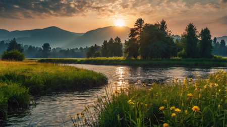 Sunset over the river and mountains in the background. Beautiful summer landscape.の写真素材